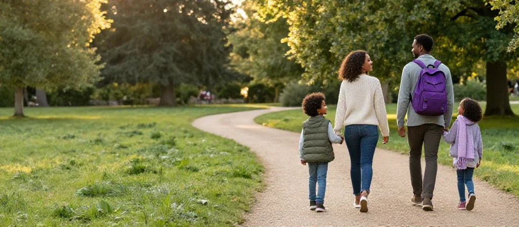 Una familia camina por un parque soleado disfrutando de actividades y salidas al aire libre.