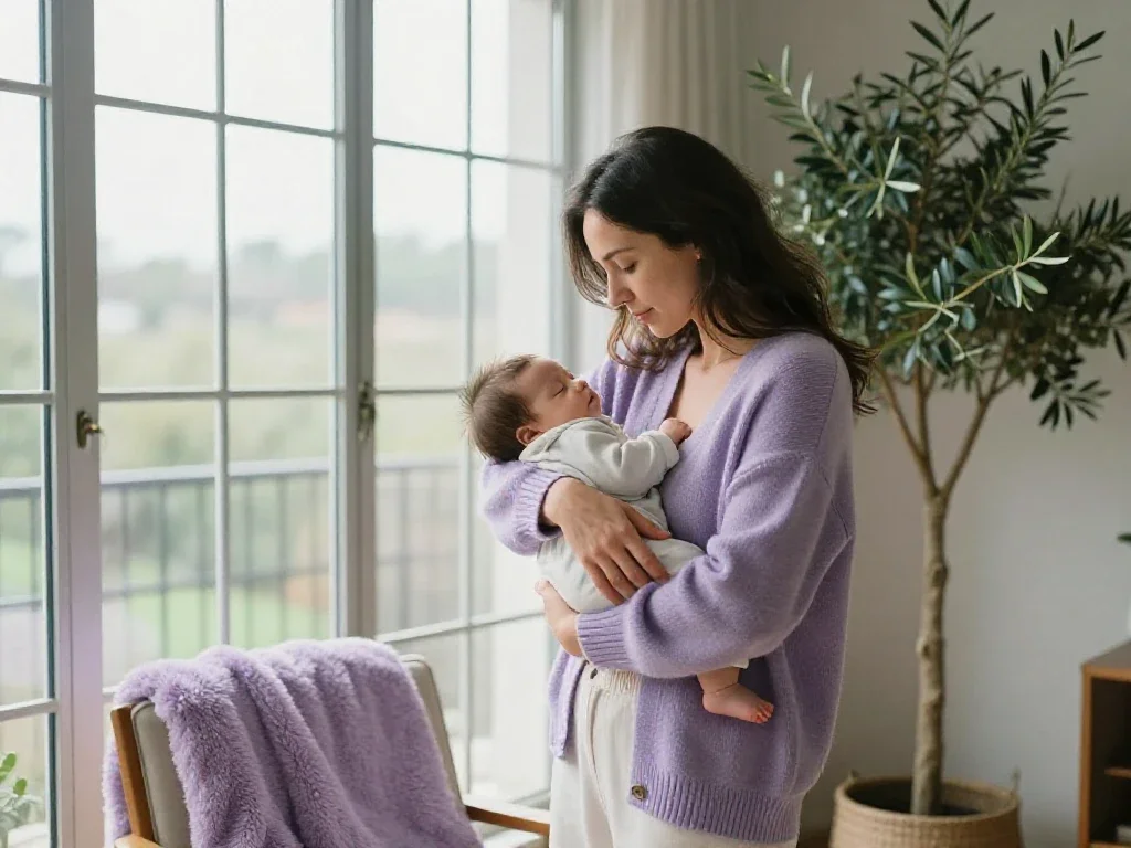 Madre abrazando a su bebé frente a una ventana, transmitiendo serenidad y afecto familiar.