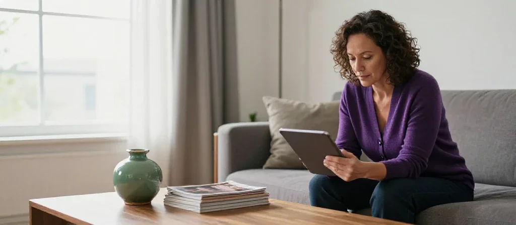 Mujer leyendo los artículos más consultados sobre bienestar familiar en una tableta.
