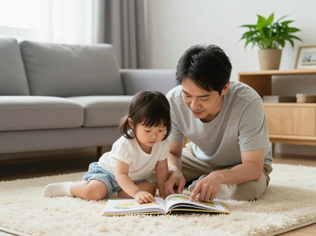 Un padre y su hija comparten un momento de lectura tranquila en un salón acogedor.